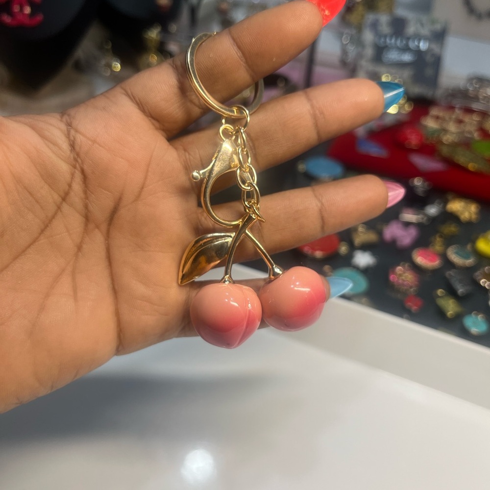 Rose Gold and Pink Cherry Keychain